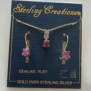 New Vintage Sterling Creations Gold over Sterling Ruby Necklace & Earrings